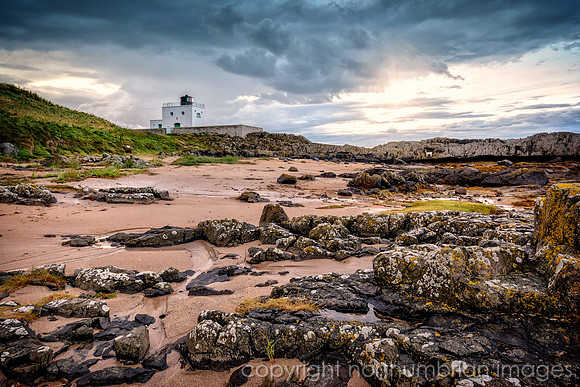 Bamburgh Lighthouse,"northumbrian images", sunset, northumberland, beach, rocks,stormy, northumbria
