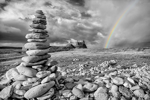 "northumbrian Images", rainbow, castle, "holy island", Lindisfarne, northumberland, northumbria, northumbrian, "black & white"